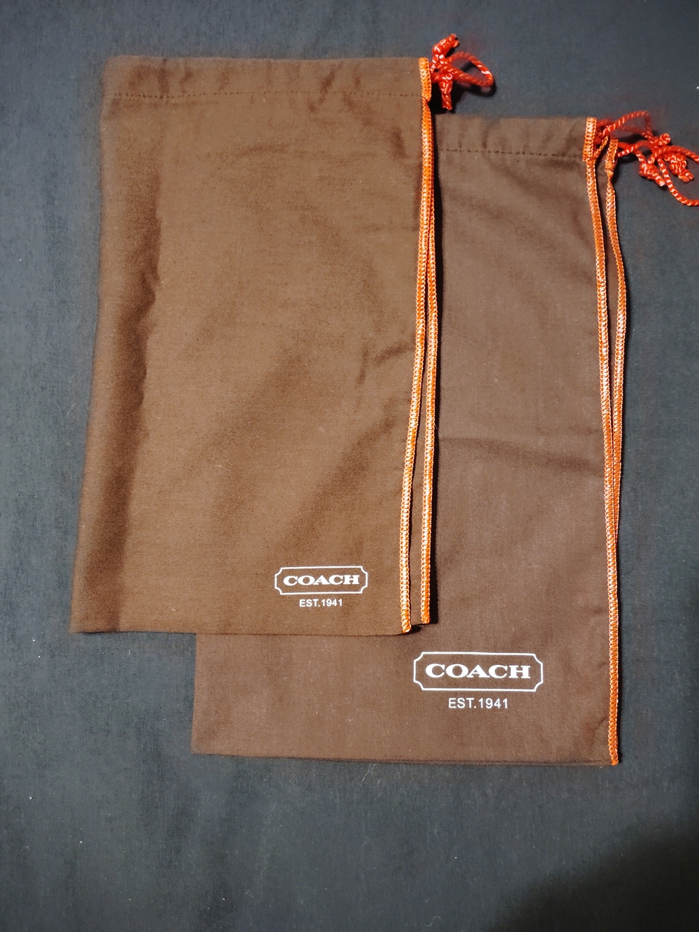 2pc Coach Brown Dust Bag Set with white Logo & Orange Drawstrings - 2 Pack